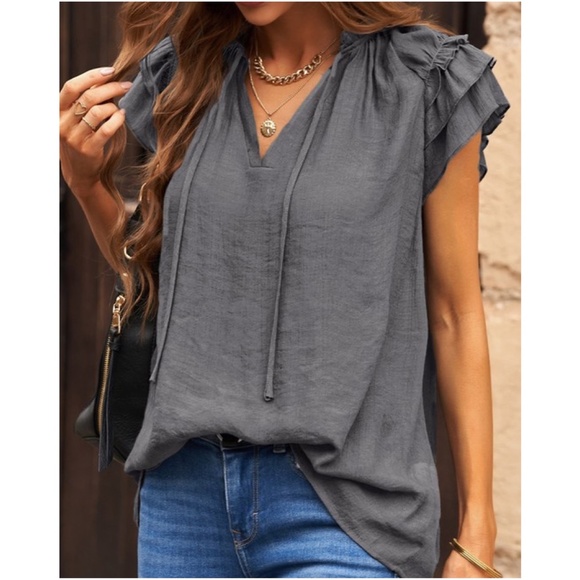BellanBlue Tops - V neck Ruffle Sleeve Neck Tie Blouse